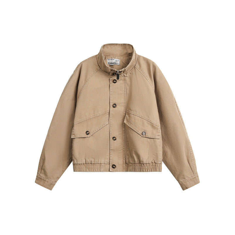 Unisex Short Cut Boxy Canvas Blouson Jacket with Funnel Collar, Patch Flap Pockets and Elastic Hem EVA-US