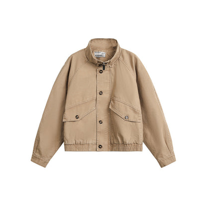 Unisex Short Cut Boxy Canvas Blouson Jacket with Funnel Collar, Patch Flap Pockets and Elastic Hem EVA-US