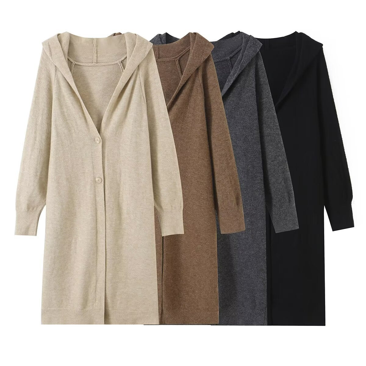 Women Long Hooded Cardigan with Full Button Placket and Ribbed Cuffs EVA-US