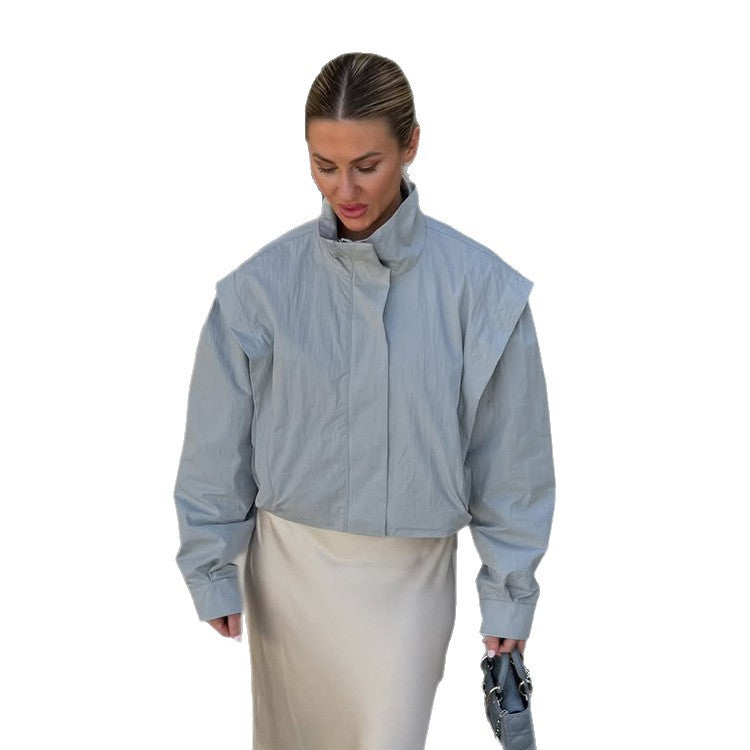 Women's Cropped Transitional Jacket with Stand Collar and Emphasized Shoulder Area EVA-US