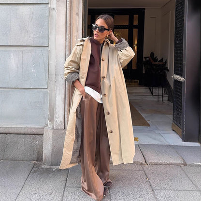 Women's maxi-length trench coat with check lining, wide fall & classic button placket