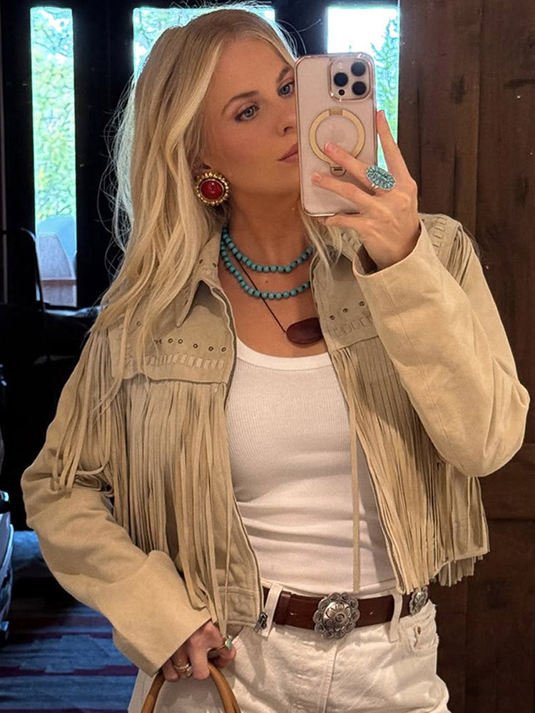 Women's Cropped Suede-Style Fringe Jacket with Stud Application EVA-US