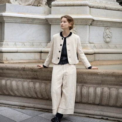 Women's Two-Piece Boucle Set with Short Jacket, Contrasted Round Neckline and Wide Culotte Pants Leg EVA-US