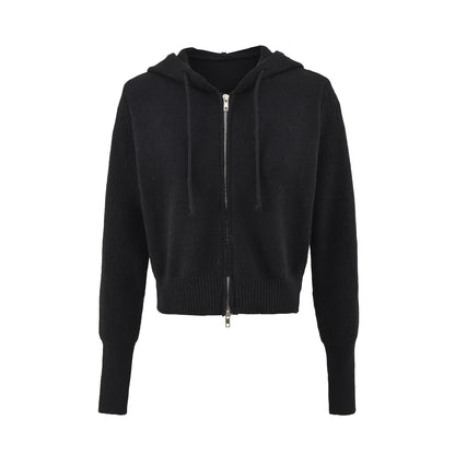 Women's Short Hooded Cardigan with Zipper and Fitted Ribbed Hem EVA-US