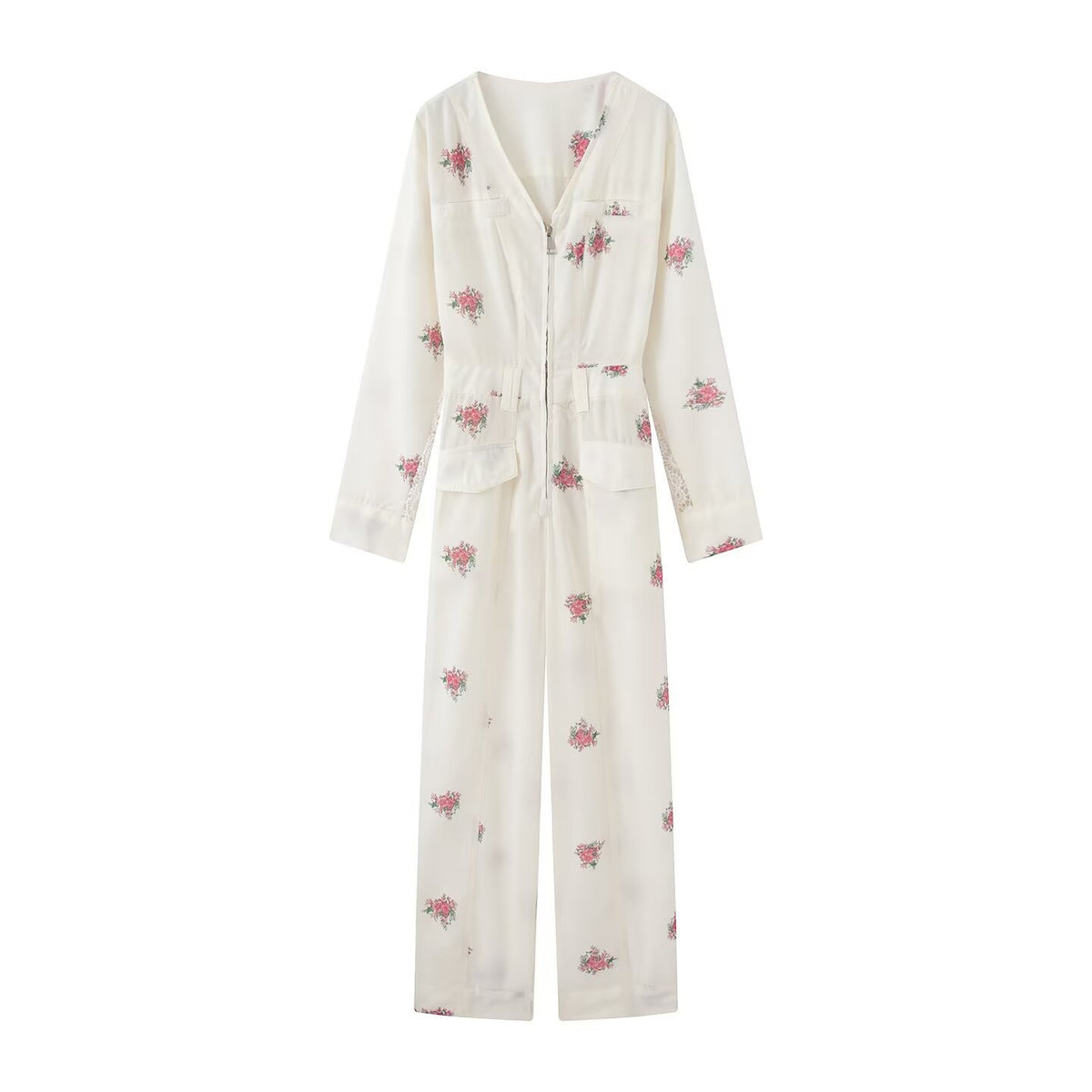 Women Long Jumpsuit with Floral Print, V-Neck, Zipper and Drawstring EVA-US