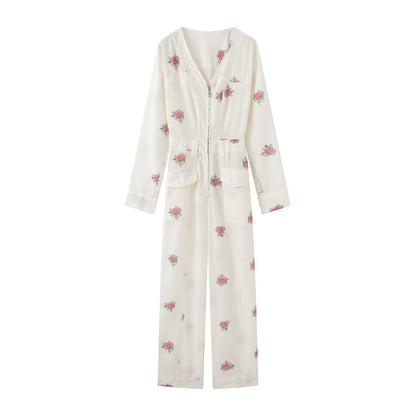 Women Long Jumpsuit with Floral Print, V-Neck, Zipper and Drawstring EVA-US