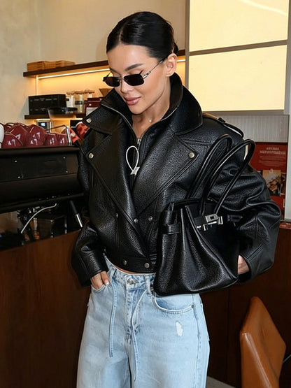 Women's Short-Cut Structured Biker Jacket Made of Faux Leather EVA-US