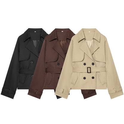 Women's Short Cropped Trench Coat with Double-Breasted Button Placket, Waist Belt, and Epaulettes EVA-US