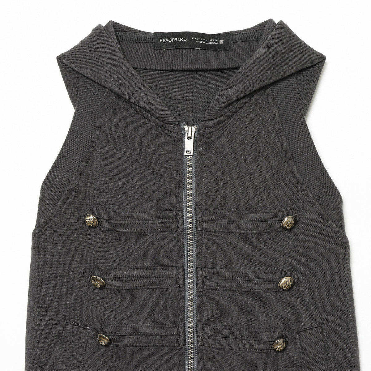 Women’s Sleeveless Hooded Vest with Decorative Button Plackets and Two-Way Zipper EVA-US