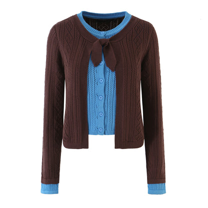 Women Fine Knit Two-Piece Cardigan with Bow Collar and Decorative Waistcoat EVA-US