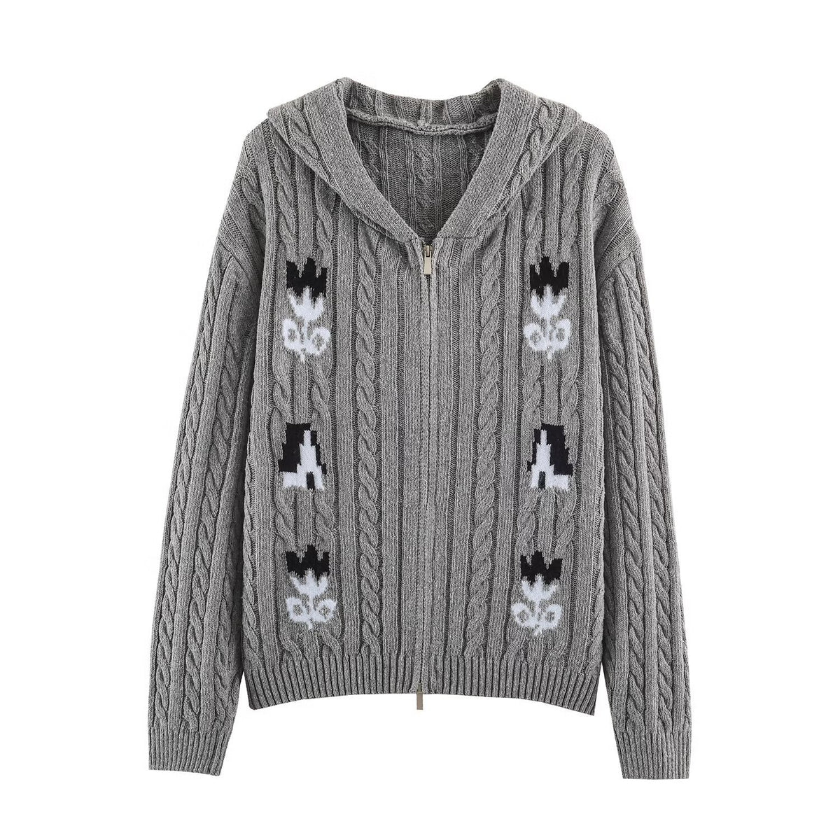 Women's Two-Piece Knit Set with Zipper Hoodie and Short Cable Knit Skirt EVA-US