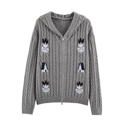 Women's Two-Piece Knit Set with Zipper Hoodie and Short Cable Knit Skirt EVA-US