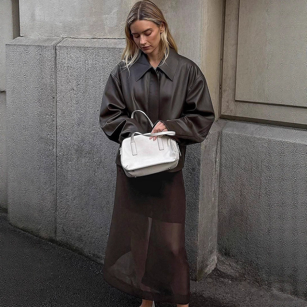 Ladies Cropped Boxy Jacket made of faux leather with oversized collar and concealed zipper placket EVA-US