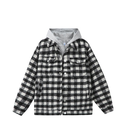 Women's short jacket in shacket style with checked wool look and integrated sweat hood EVA-US