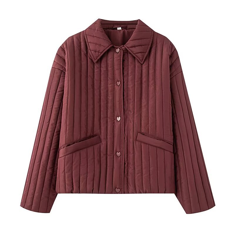 Women's short quilted jacket with vertical quilting, shirt collar and heart button placket EVA-US