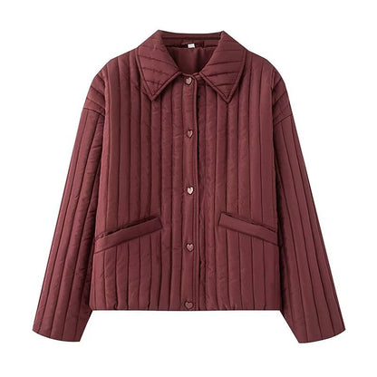 Women's short quilted jacket with vertical quilting, shirt collar and heart button placket EVA-US