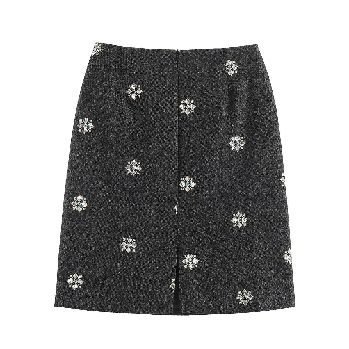 Women's wool blend pencil skirt with embroidered floral motifs and central slit EVA-US