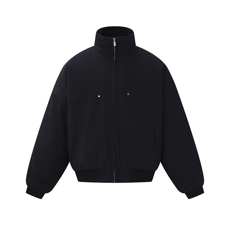 Unisex Boxy-padded Short Jacket with High Collar and Minimalist Seam Design EVA-US