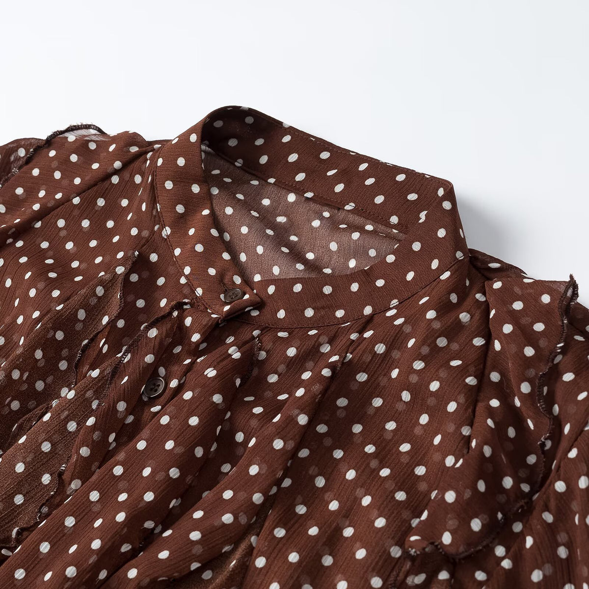 Women's semi-transparent chiffon blouse with dots, ruffle details and bow collar EVA-US