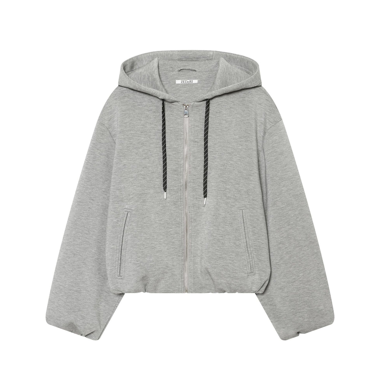 Women's Cropped Boxy Hooded Jacket with Full Zip and Contrasting Drawstring EVA-US