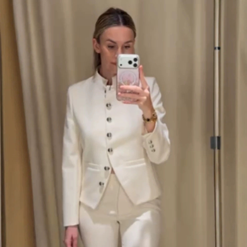 Women's Tailored Blazer with Stand Collar and Silver Decorative Buttons EVA-US