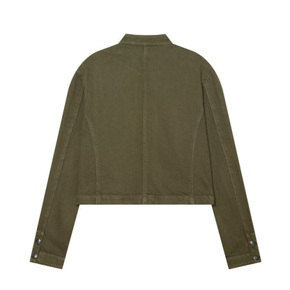Women's Short Military-inspired Jacket with Stand Collar, Decorative Button Plackets and Full Zip EVA-US