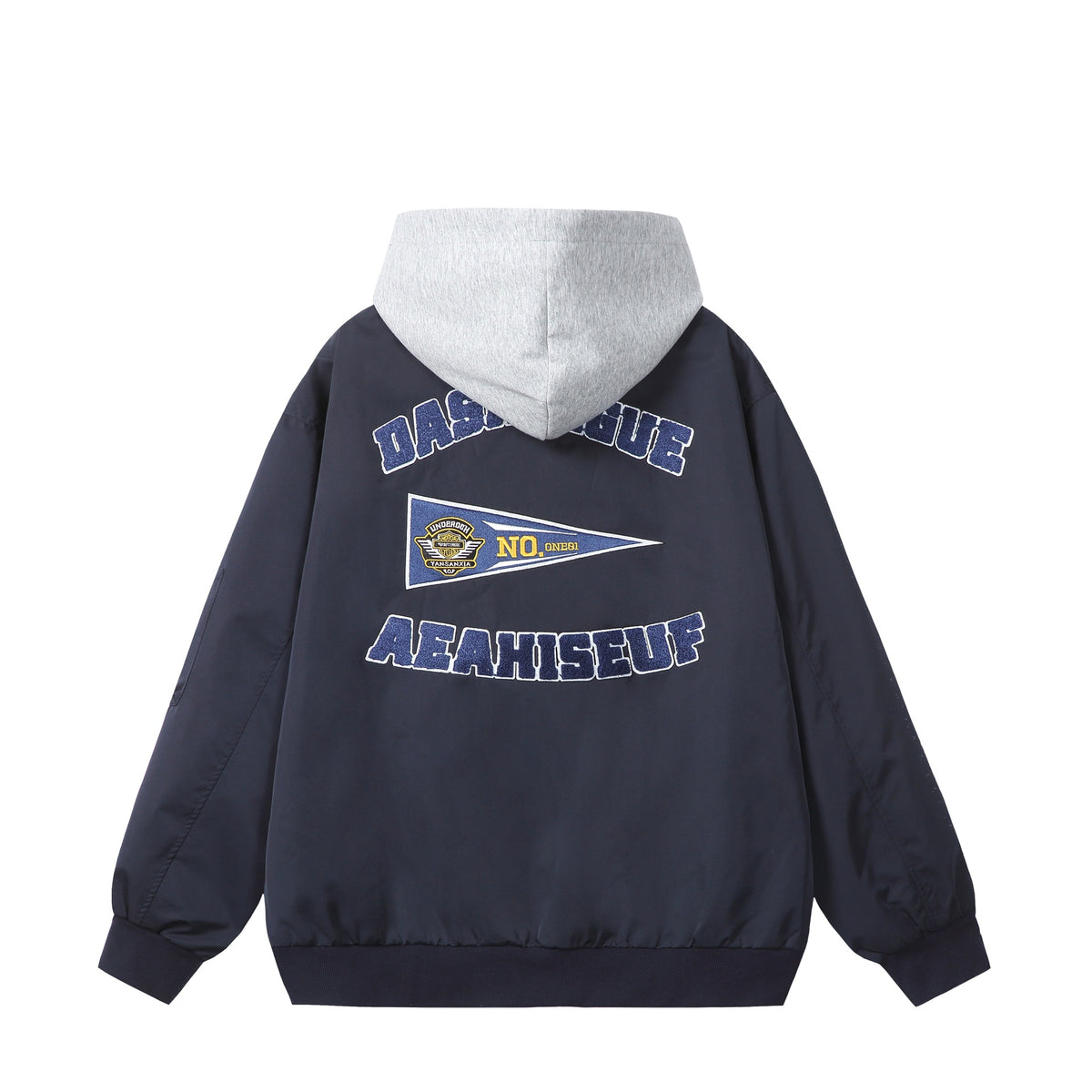 Unisex Boxy-Multi-layer Bomber Jacket with Integrated Hood and Collegiate Patch EVA-US
