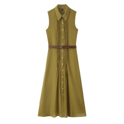 Women's sleeveless shirt dress with pleats, button placket and belt EVA-US