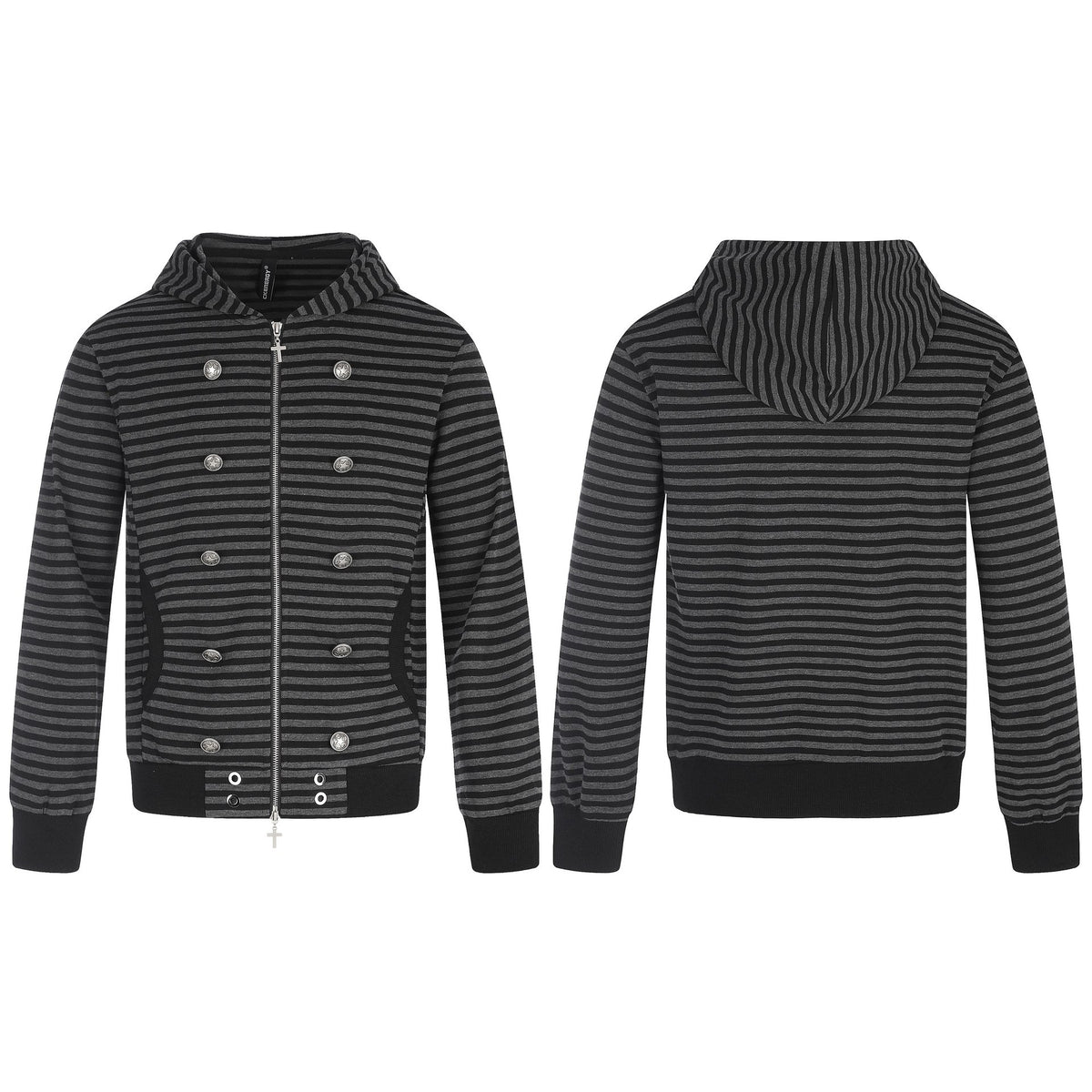Men Striped Hooded Jacket with Double Button Look, Ribbed Cuffs and Cross Zipper EVA-US