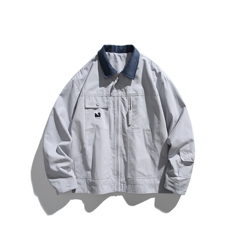 Men's Boxy Workwear Blouson Jacket with Contrast Collar and Multiple Pockets EVA-US