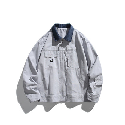 Men's Boxy Workwear Blouson Jacket with Contrast Collar and Multiple Pockets EVA-US