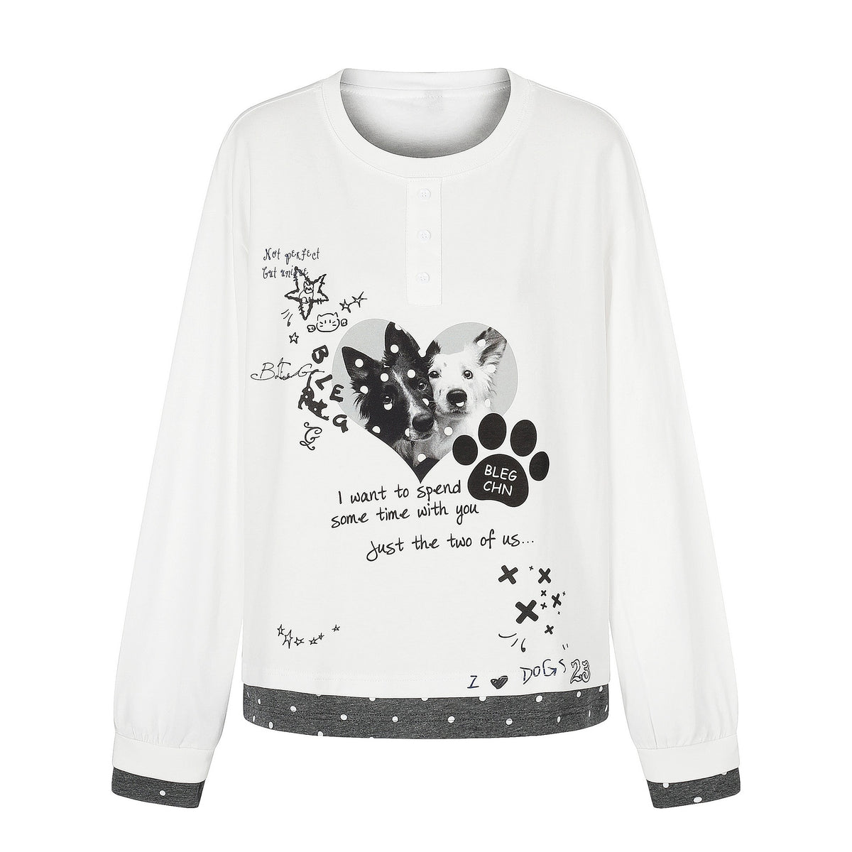 Women's Long Sleeve Pajama Top with Half-Button Placket, Heart Dog Print and Contrasting Cuffs