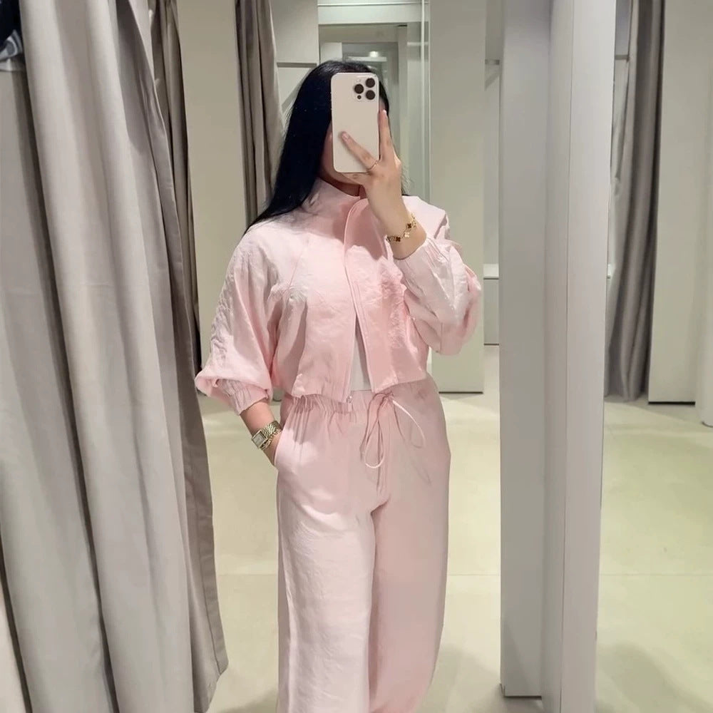 Women’s Casual Satin Tracksuit with Short Zipper Top & Wide Drawstring Pants EVA-US