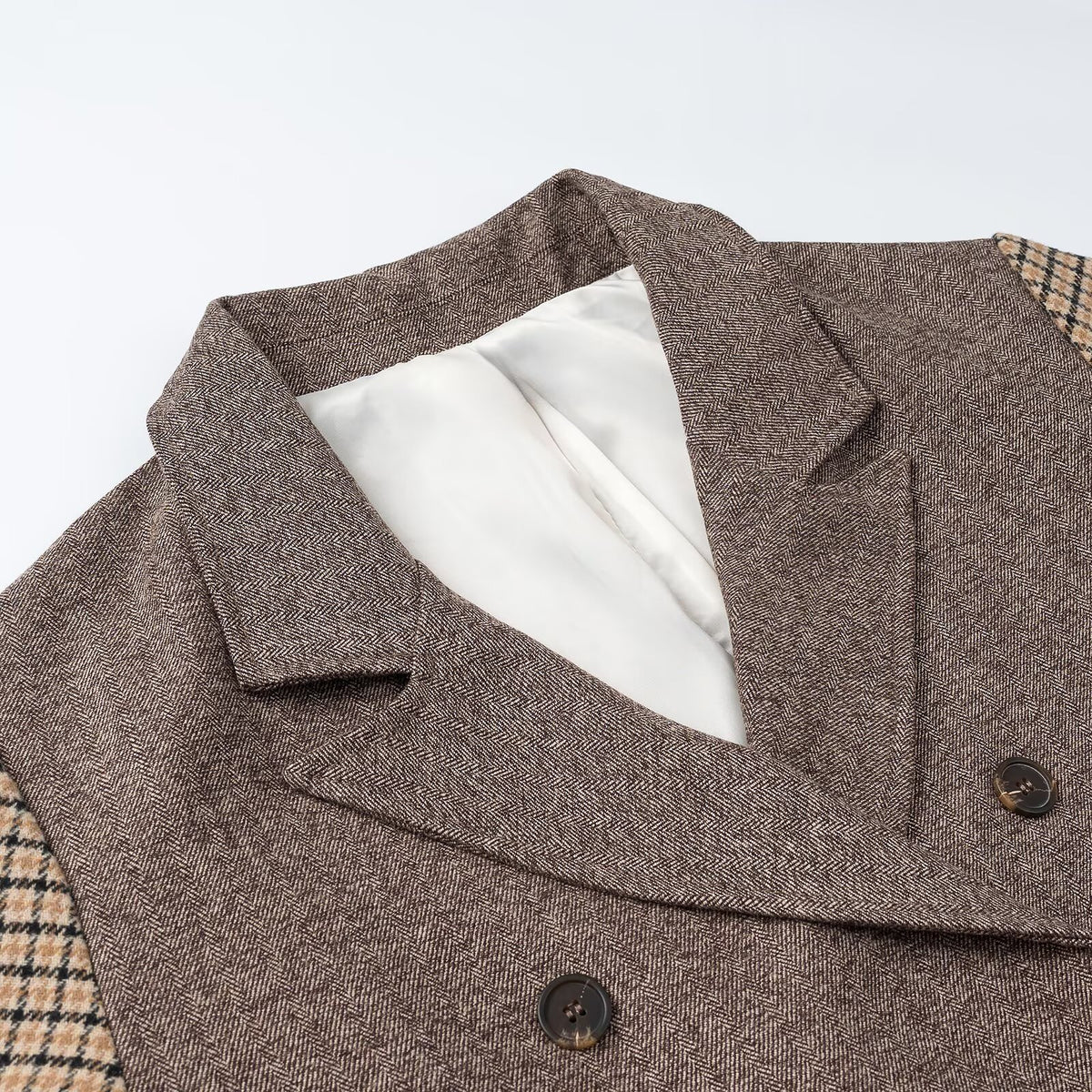 Women's elegant long coat with double-breasted, contrast sleeves and Glencheck details EVA-US