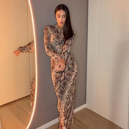Women's Figure-Hugging Midi Dress with Snake Print, Tailored Draping and Long Sleeve Cut EVA-US