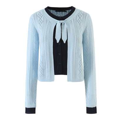 Women Fine Knit Two-Piece Cardigan with Bow Collar and Decorative Waistcoat EVA-US