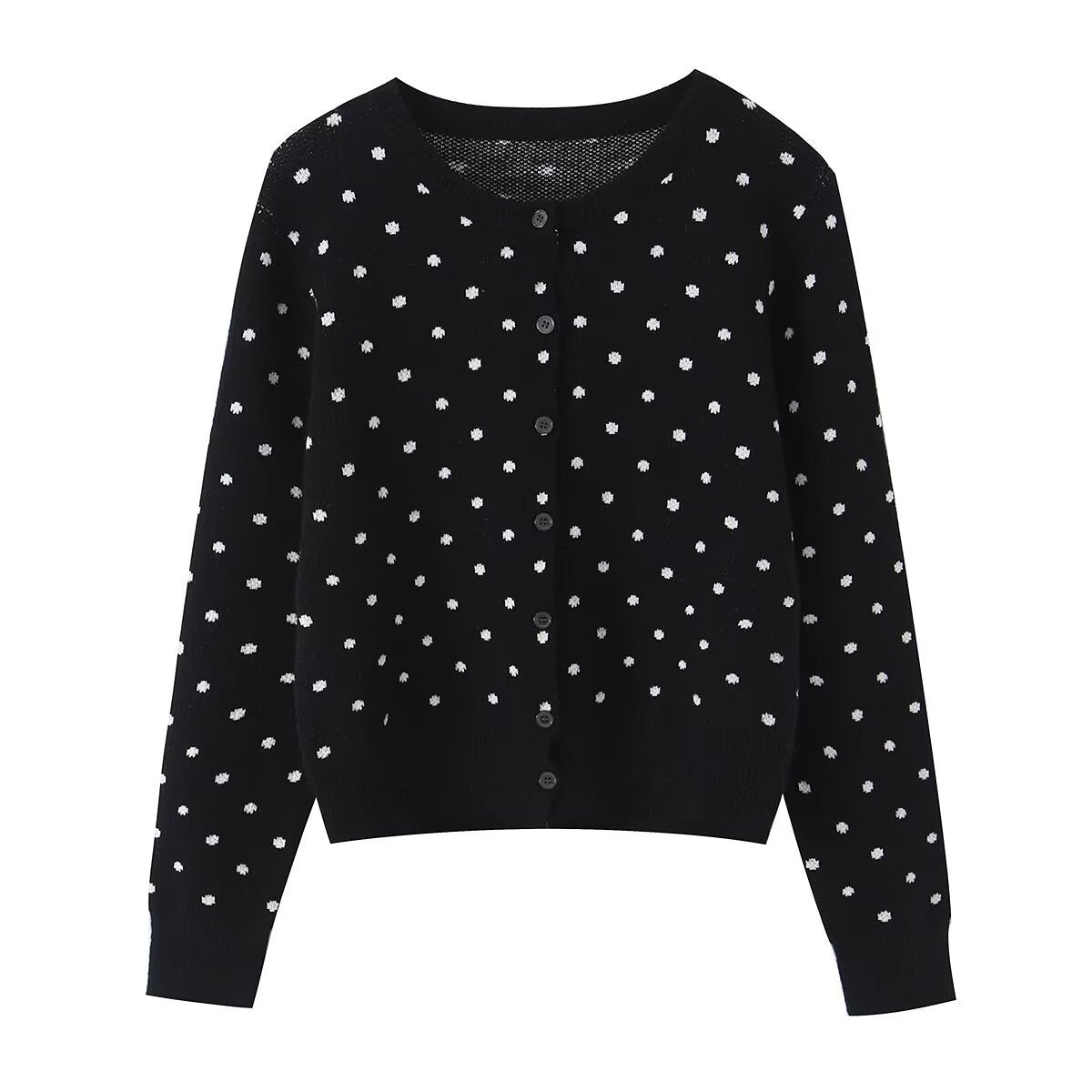 Women's Short Fine Knit Cardigan with Round Neck, Allover Polka Dot Pattern and Button Placket