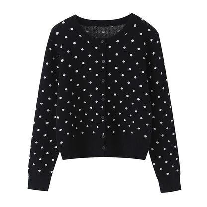 Women's Short Fine Knit Cardigan with Round Neck, Allover Polka Dot Pattern and Button Placket