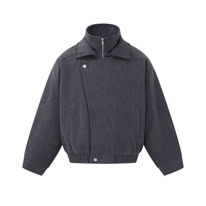 Men's Boxy Wool Blend Blouson Jacket with Asymmetric Double Fastening and High Stand-Up Collar EVA-US