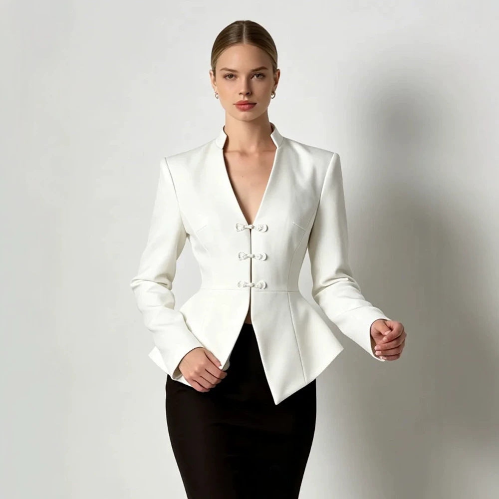 Women's Tailored Peplum Blazer with Mandarin Collar and Decorative Knot Fastenings EVA-US