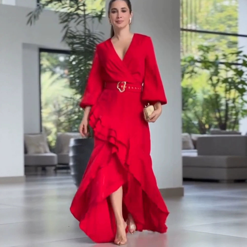 Women's Elegant Wrap Maxi Dress with Ruffles, Fitted Belt & Wide Bell Sleeves EVA-US