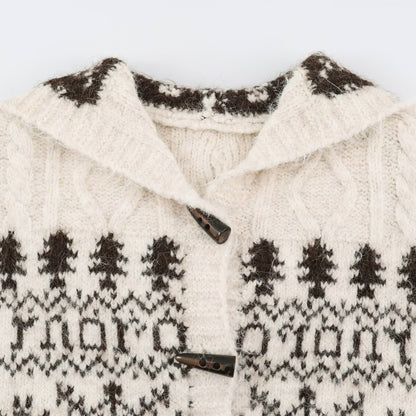 Women's Coarse Knit Hooded Cardigan with Horn Buttons and Norwegian Pattern EVA-US