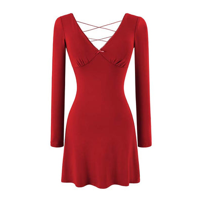 Ladies form-fitting mini dress with a deep V-neckline, gathered bust, and crossed back straps EVA-US