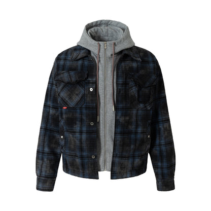 Men's checked layer shirt jacket with integrated hood inner jacket EVA-US