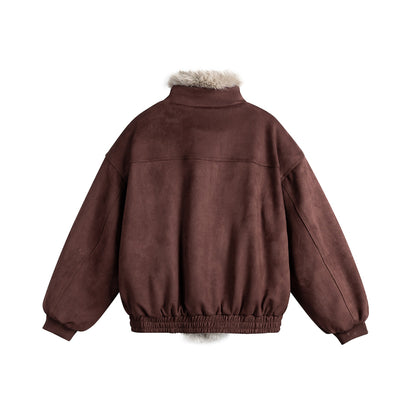 Women's boxy bomber jacket made of faux suede with a voluminous faux fur collar EVA-US