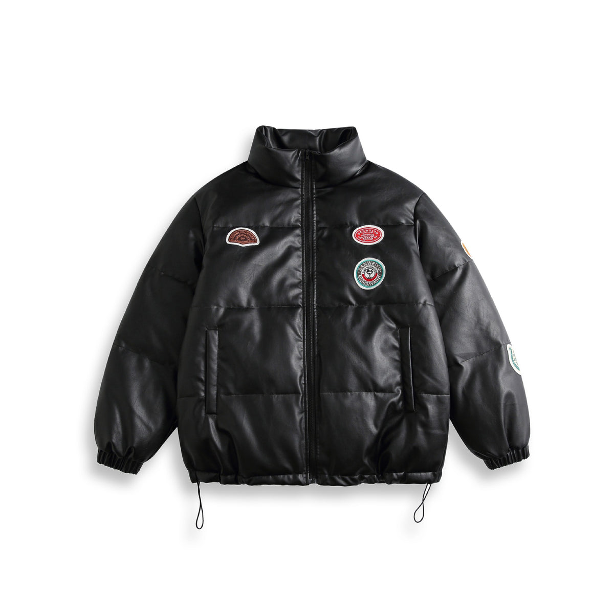 Unisex Short Cut Padded Faux Leather Puffer with High Standing Collar and Badge Details EVA-US