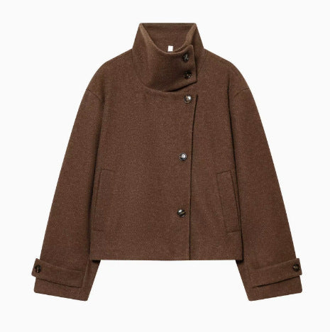 Women's 9800+ short boxy wool blend jacket with high funnel collar, asymmetrical button placket and adjustable cuffs EVA-US