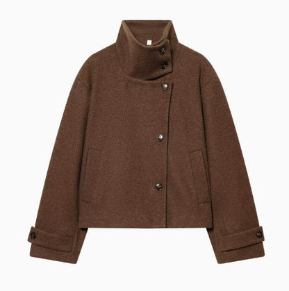 Women's 9800+ short boxy wool blend jacket with high funnel collar, asymmetrical button placket and adjustable cuffs EVA-US