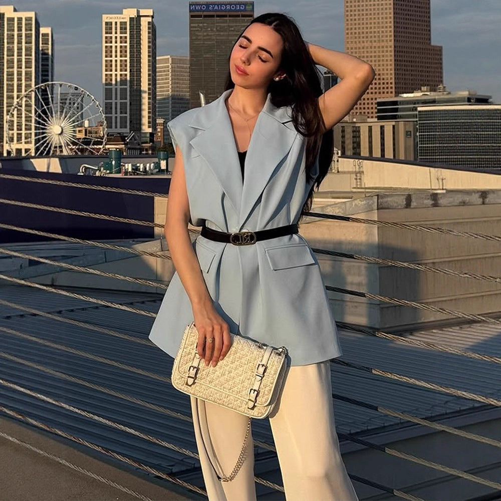 Women Sleeveless Long Blazer Vest with Emphasized Shoulder and Waist Shape EVA-US