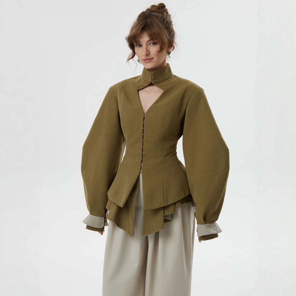 Women's tailored jacket with stand-up collar, cut-out and balloon sleeves EVA-US